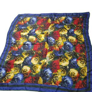 Vintage Floral Silk Square Scarf Flowers Roses Bold Red Yellow Blue Green Design